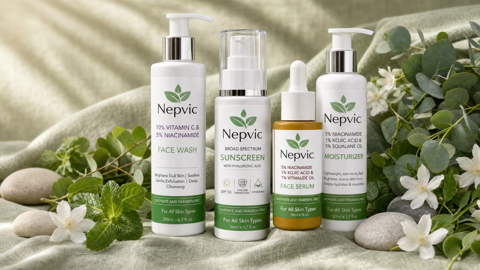 Complete Nepvic skincare line on sage linen with fresh botanicals