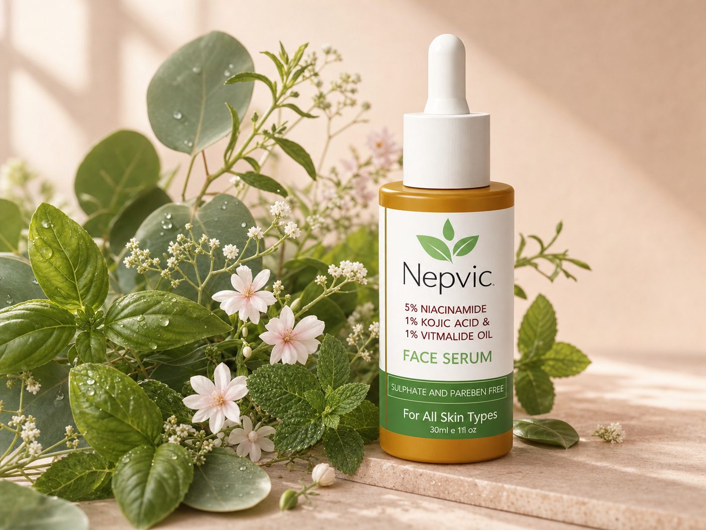 Nepvic Face Serum surrounded by fresh botanicals — 100% plant-based skincare